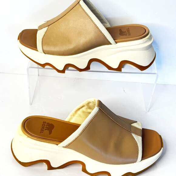 Sorel Kinetic Impact Sandals Women Sz 7.5 Tan Leather Slip on Slide - Picture 2 of 8